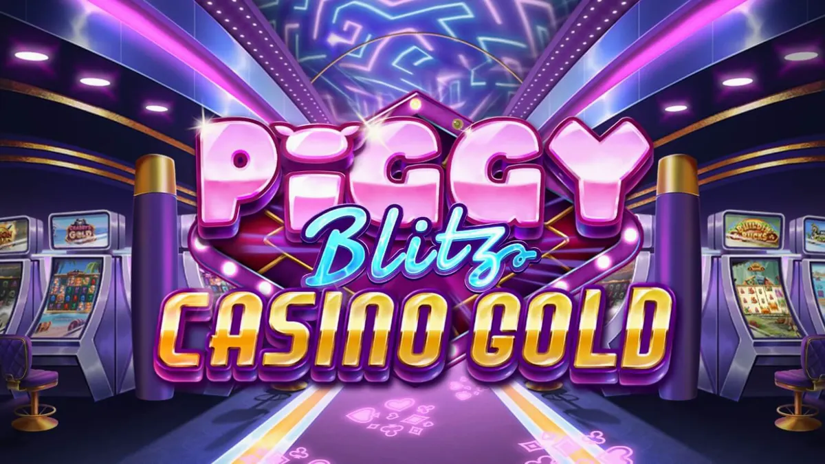 Tampilan visual mewah Piggy Blitz Casino Gold dengan nuansa neon dan simbol kasino.