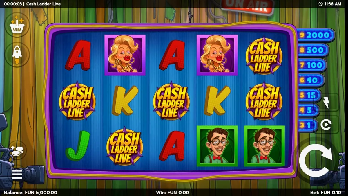 Tampilan visual studio televisi yang glamor dan neon pada slot Cash Ladder Live